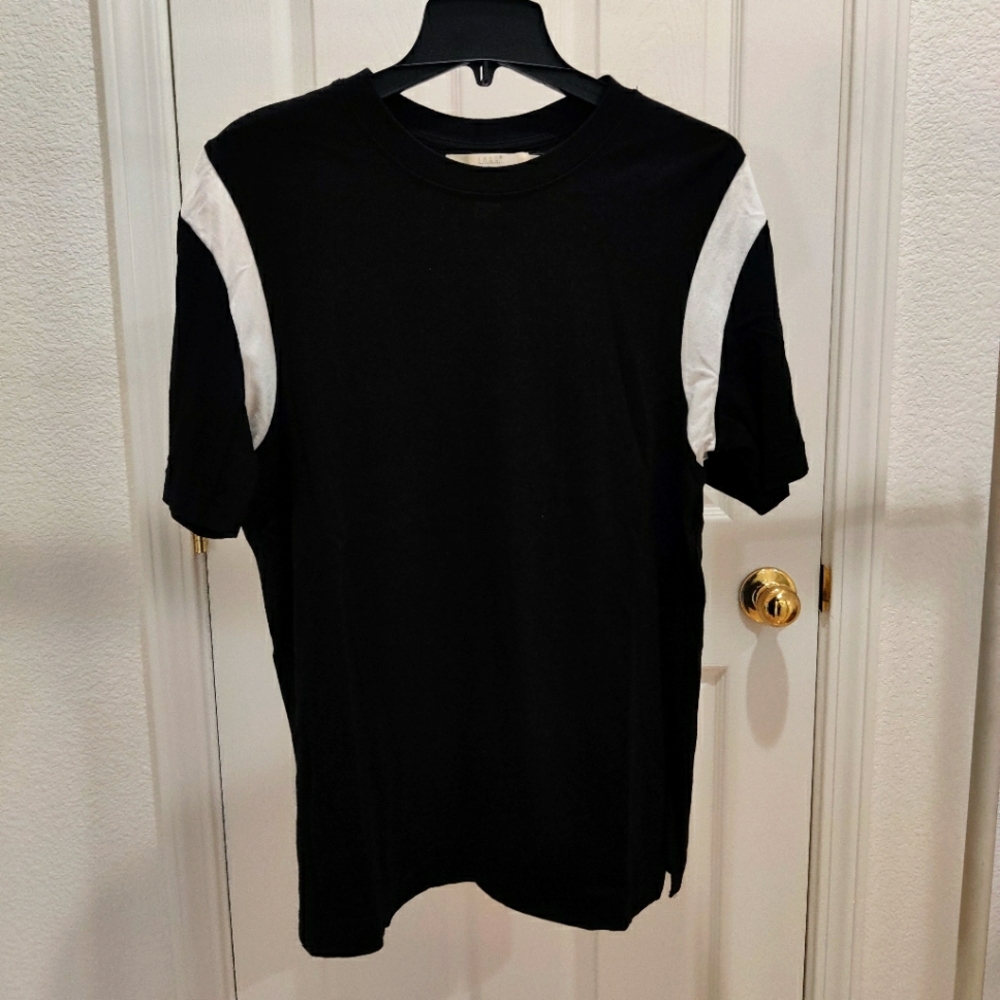 Black Tee Shirt with White Teddy Style Paneling Split Hem